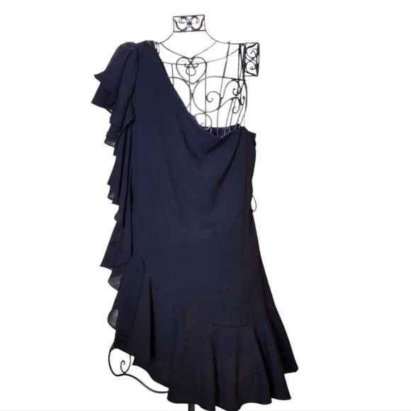 Double Zero Black One-Shoulder Ruffle Dress – Chic Cocktail Party Mini Medium - Picture 1 of 9